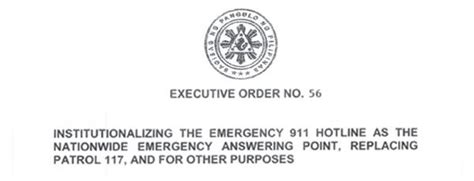 911 philippines|Executive Order No. 56 .